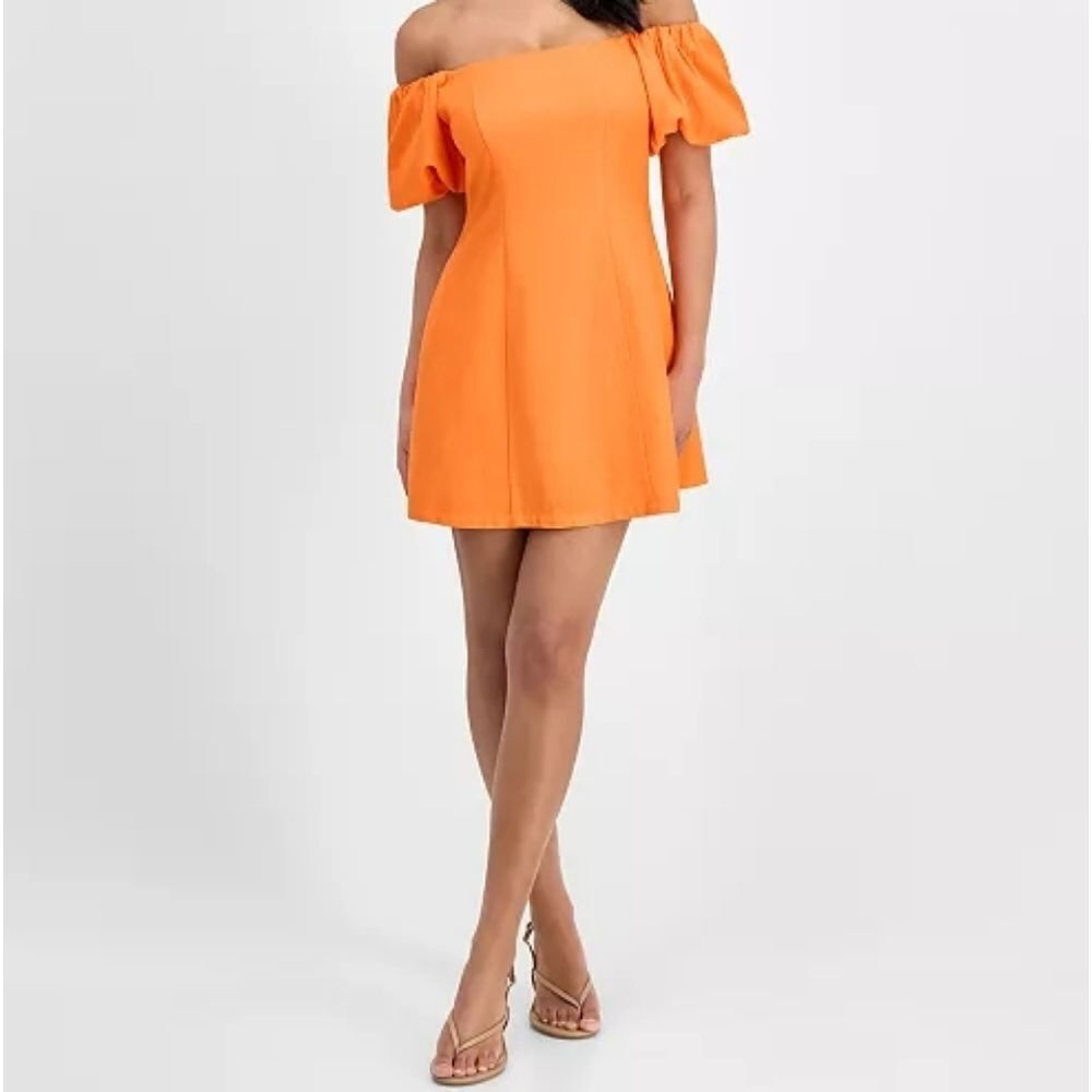 Bar III Vibrant Orange Off Shoulder Dress with Puff Sleeves Size XS NWT